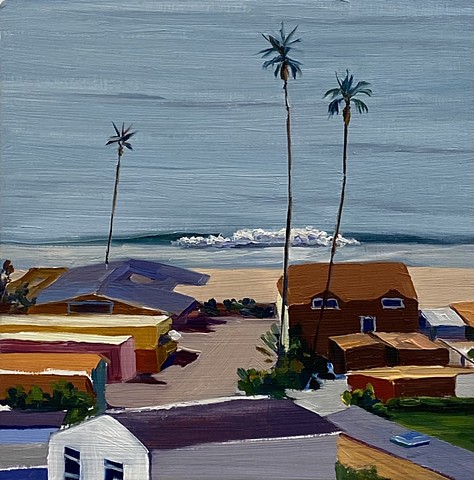 Oil painting depicting a mobile home park along the coast of California. The crashing waves and swaying palm trees bring the viewer right into the hang loose, beachy vibe of living along the coast.
