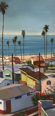 mobile home, beach houses, landscape painting, coastal living, palm tree painting, trailer park, Tahitian Terrace, Pacific Palisades, California, PCH, modern art, landscape painting, americana, trailer park, 