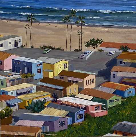 Mobile home park on the California coast. trailer park. Southern California home.colorful beach houses. Invest in spending the day outdoors, with vibrant colors, the surf to sweep you away and plenty of room for deep, colorful thoughts.