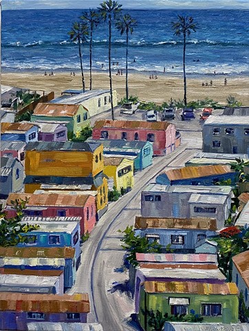 Colorful painting of a mobile home park in Southern California on the beach.