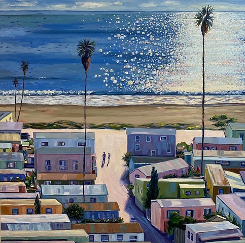 Sunset beach walk, mobile home park art, MHP investing, pacific palisades art, surfer, romantic beach, couples therapy