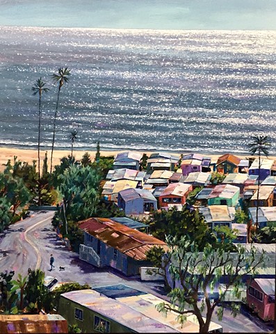 mobile home, beach painting, cottage, beach houses, Americana, american west, tinyhouse, landscape painting, tiny house, coastal living, palm tree painting, trailer park, Tahitian Terrace, Pacific Palisades, California, PCH, modern art, landscape painting