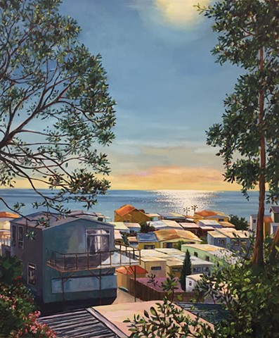 mobile home, beach houses, Americana, american west, tiny house, landscape painting, tiny house, coastal living, palm tree painting, trailer park, Tahitian Terrace, Pacific Palisades, California, PCH, modern art, landscape painting, americana, trailer par