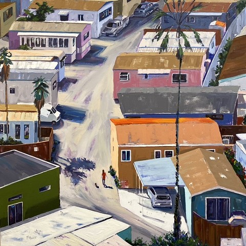 Mobile home park investment on the water in California. An oil painting of a neighborhood early in the morning filled with light and shadows put the viewer right in the moment. 