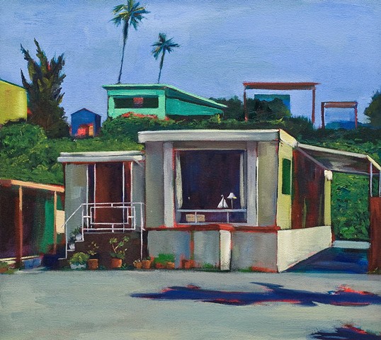 mobile home, beach houses, coastal living, palm tree painting, trailer park, Tahitian Terrace, Pacific Palisades, California Coast, PCH, trailer park, 