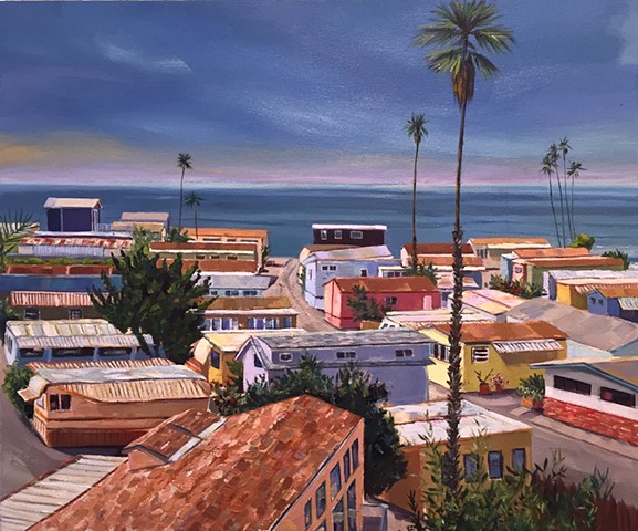 mobile home, beach painting, villa, village, tinyhouse, landscape painting, tiny house, coastal living, palm tree painting, trailer park, Tahitian Terrace, Pacific Palisades, California, PCH, modern art, landscape painting, americana, trailer park, 