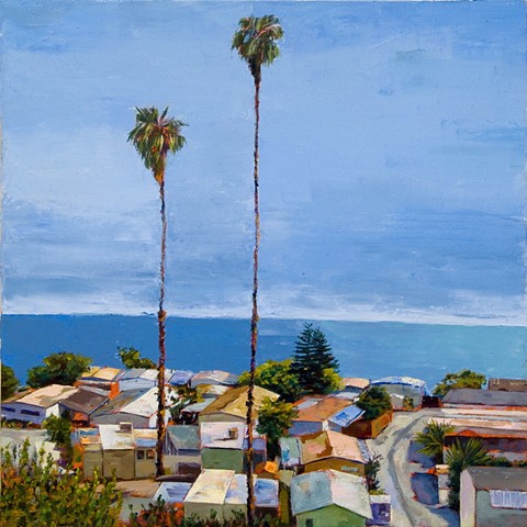 #mobile home, #90272, Los Angeles, #painting of Los Angeles, Pacific coast, #trailer park, #beach house, #malibu, #90272, Palisades, #oil painting, #water painting, #palm trees, #houses 