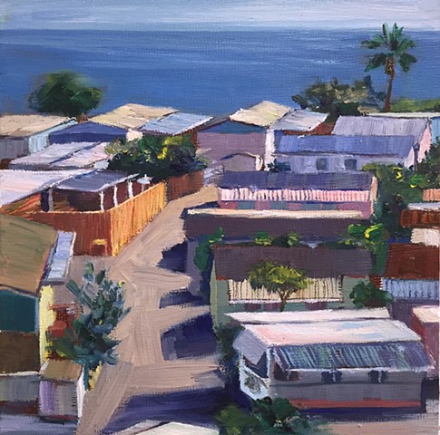 mobile home, beach houses, tinyhouse, landscape painting, tiny house, coastal living, palm tree painting, trailer park, Tahitian Terrace, Pacific Palisades, California, PCH, modern art, landscape painting, americana, trailer park, 