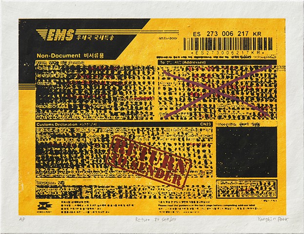 yangbinpark, artist, printmaking, print media, print, screenprint, serigraphy, shipping labels, immigration, transition, home, displacement, mail, post office, return, Korea, USA, mobility, immobility