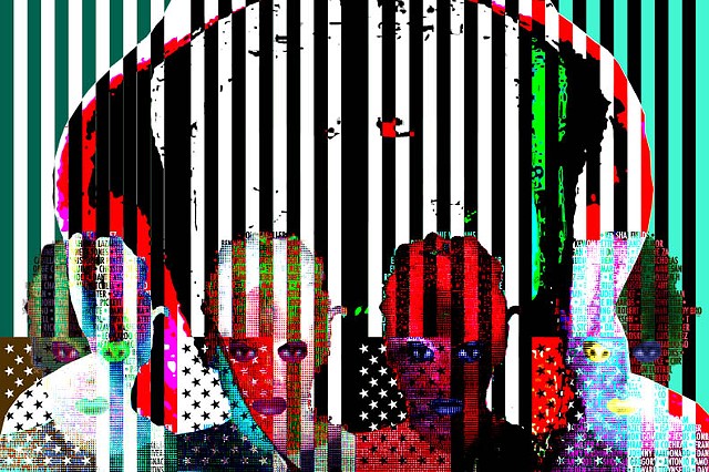 Op/Pop Art that uses language, symbols,color & photos to discuss issues