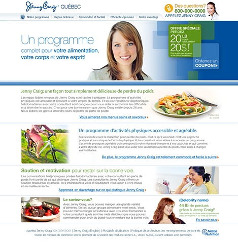 Subpage Jenny Craig Quebec website Role: Design of website