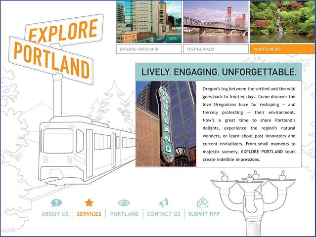 Explore Portland Homepage Design, Illustration and Art Direction for Website, banner ads, and collateral materials.