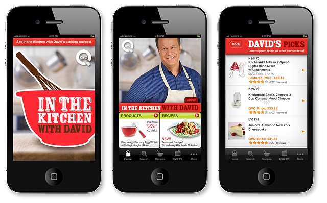 QVC / In The Kitchen With David iPhone App - Splash, Home and Product screens