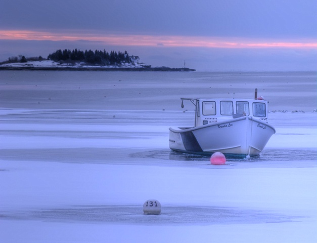 Lobster Boat in Winter with Lighthouse