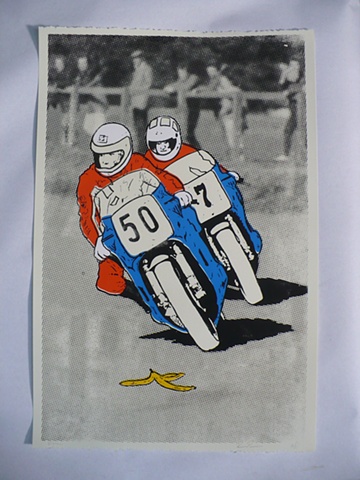 Motorcycles racing about to slip on a banana peel