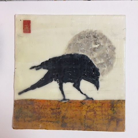 Encaustic Crow by the Moonlight