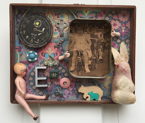 Doll, Vintage Tricycle Photo, Clock face, found objects