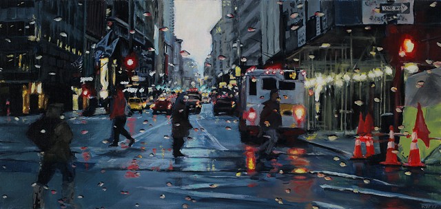 Painting of New York Street in the rain.