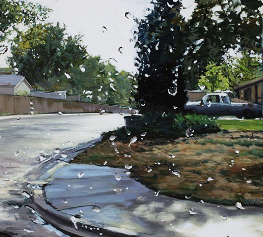 Oil painting of a suburban street after a rainshower