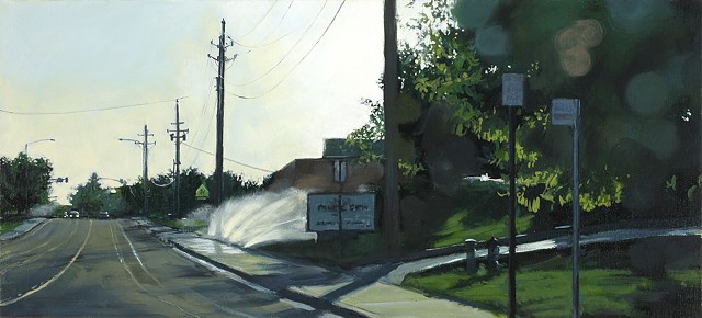 Streetscape oil painting with sprinklers