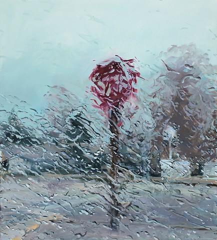 An oil painting of a rain-soaked windshield with a stop signon an Idaho highway.