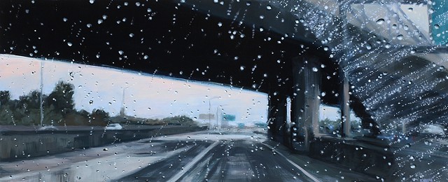 painting of a rainy street by karen woods