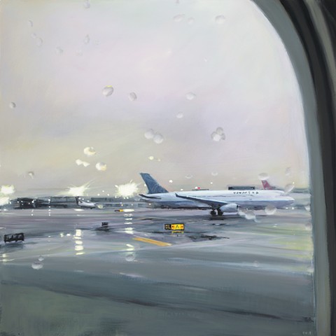 Painting looking out an airplane window in the rain