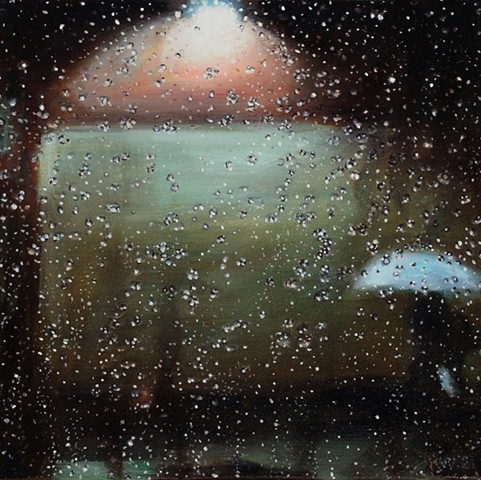 Oil painting of a city street through a rainy windshield