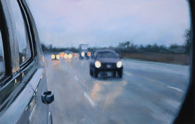 painting of a rear view mirror and road by karen woods