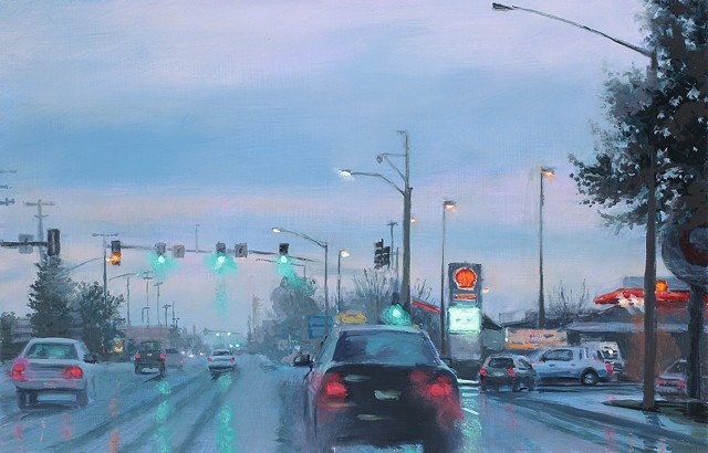 painting of a misty streetscape by karen woods
