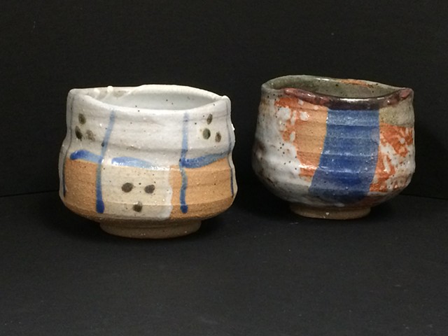 Mingei style tea bowls with Shino and other glazes