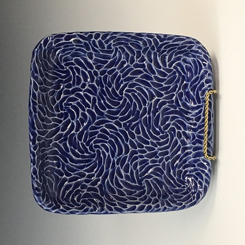 Hand Carved Stoneware Tray with Intense Blue Glaze