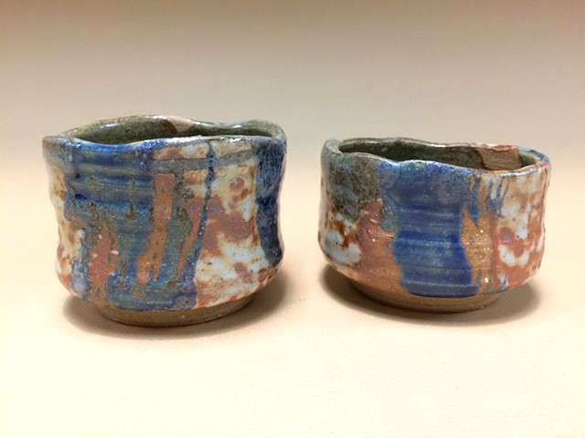 Mingei Style Chawan Tea Bowls with White Shino and blue glaze