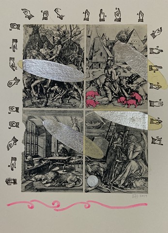 Pink piglets; moral dilemmas; etchings; Dürer; collage