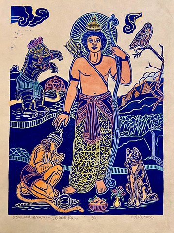am and Hanuman with Jambhavan - hand painted, Ram Hanuman, Jambhavan, Everyday Gods, BLM, African American Ram, American Buddhist Art, Ram
