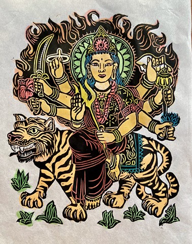 Durga Devi, Protector goddess, Durga w Tiger, Everyday Goddesses, Durga woodblock,