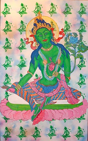 Green tara, contemporary buddhist art, contemporary hindu art, tibetan thangka painting, faithstoneart, 