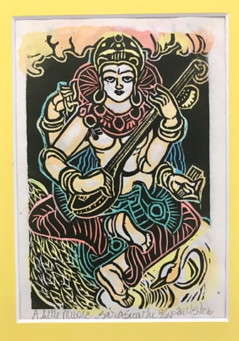 Saraswathi, Saraswati, Goddess of Music and art, Goddess of speech, Buddha woodblock 