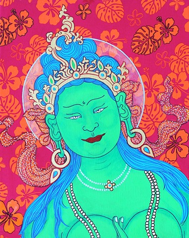 Green tara, contemporary Buddhist art, drawing buddhas and bodhisattvas, faithstoneart, Tibetan thangka painting
