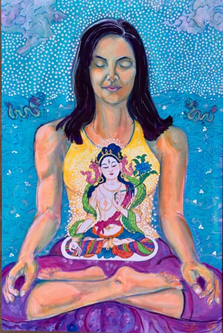 Devi in meditation on White Tara, Devi meditation, Meditation painting, American Buddhist Art