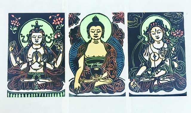 Tiny Trio, Little Buddha, Tiny Tara, Buddha woodblocks, thangka woodblock, Tara, Chenrezig, Shakyamuni