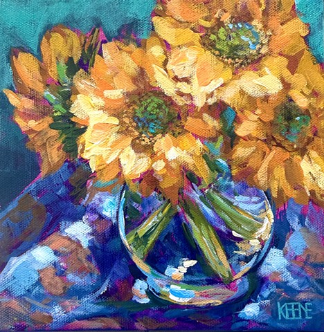 %Monday Sunflowers% references a still life of freshly cut sunflowers nestled in soft, textured fabric purchased at Mood in NYC over a decade ago. It symbolizes nostalgia mixed with present day joy. This gallery-wrapped canvas is 2" deep and painted on all sides, making it suitable for unframed or framed display.