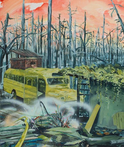 Landscape with funky commune, school bus, cobb structure, and big red sky