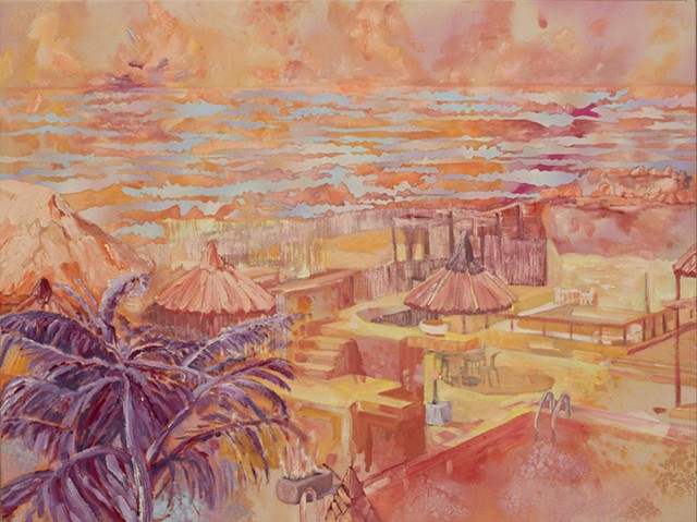 High-key expressionistically painted image in warm colors, representing a sun-bleached and idyllic private resort on ocean