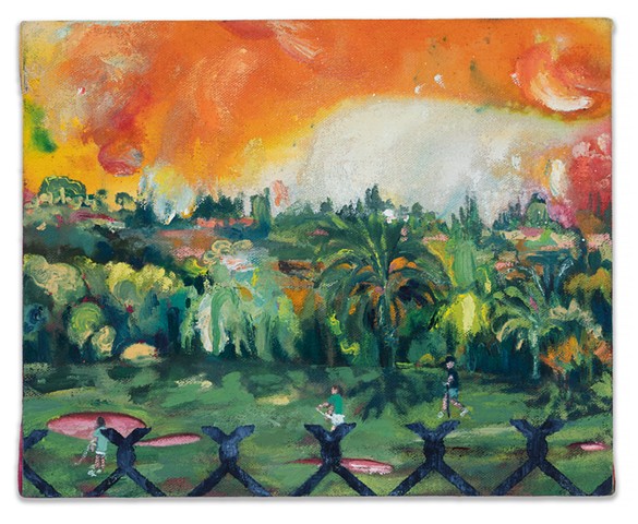 Expressively painted scene of golfers on a golf course below an orange and burning sky. A chain link fence is seen in the foreground, acting as a barrier to entering the idyllic landscape.