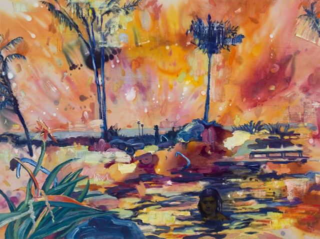 Tropical resort scene painted in think, loose, and brightly colored strokes. 