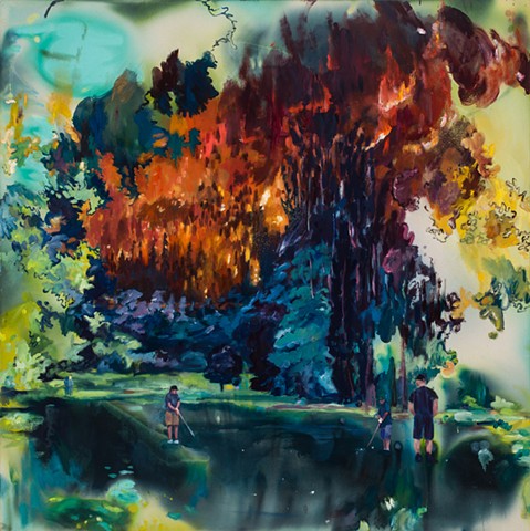 Men play golf in the foreground as a giant wildfire rages behind them, painted in an expressionistic and semi-abstract way.