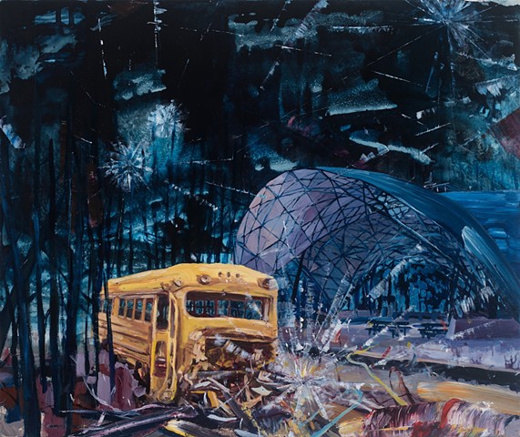 Dark skies loom above a broken down school bus and a futuristic ampitheater