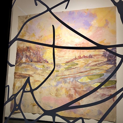 Tangled fence design obscures the view of a painting, painted in a high-key palette of a dreamy landscape painted in oils and acrylic stains, representing a golf course overlooking the ocean.