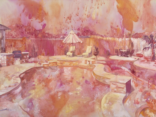 High-key expressionistically painted image in warm colors, representing a sun-bleached and idyllic private back patio and pool